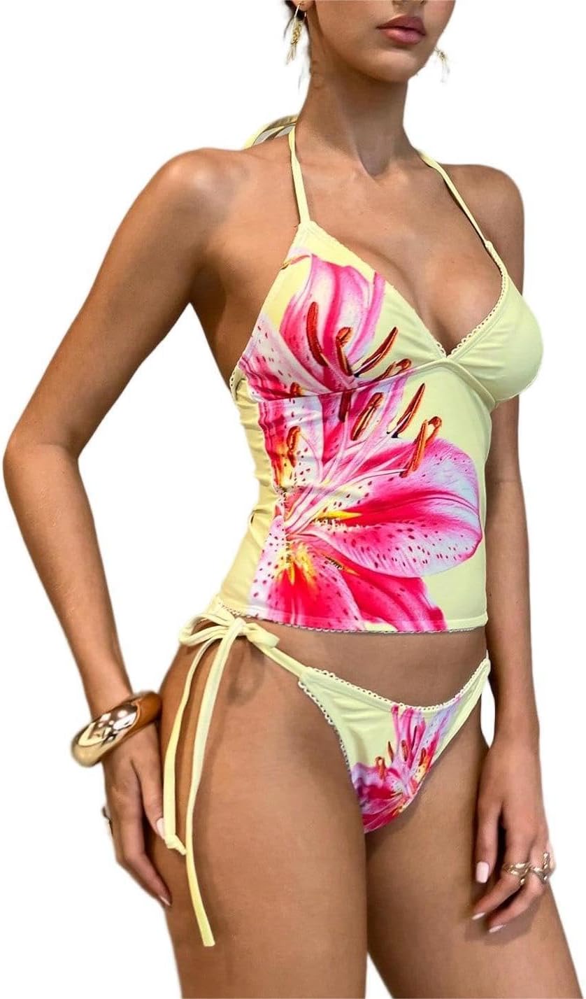 Women's Halter Tankini Swimsuit Floral Print Adjustable Sides Bikini Set Tummy Control Two Piece Bathing Suit