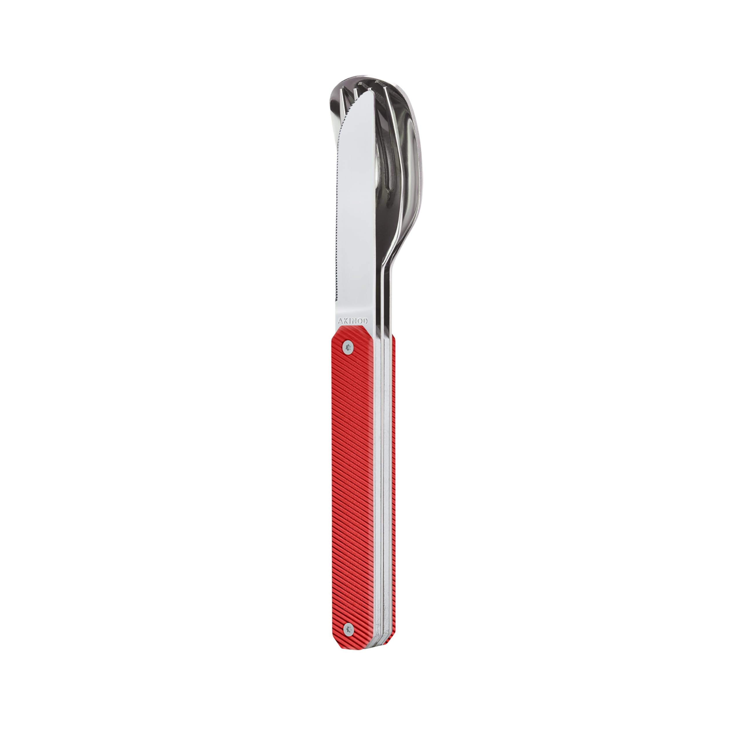 Akinod - Couverts Droits Aimantés 12:34 Aluminium Rouge - Fourchette + Couteau + Cuillère - Couverts Nomades Compacts, Durables et Élégants en Acier Inoxydable - Assemblage Aimanté