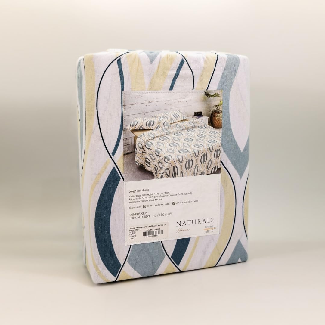 NATURALS - Juego de Sábanas Estampada Cama 150-100% Algodón Franela - Incluye Sábana Encimera + Sábana Bajera + 2 Fundas de Almohada - Extra Suave, Transpirable - Emma