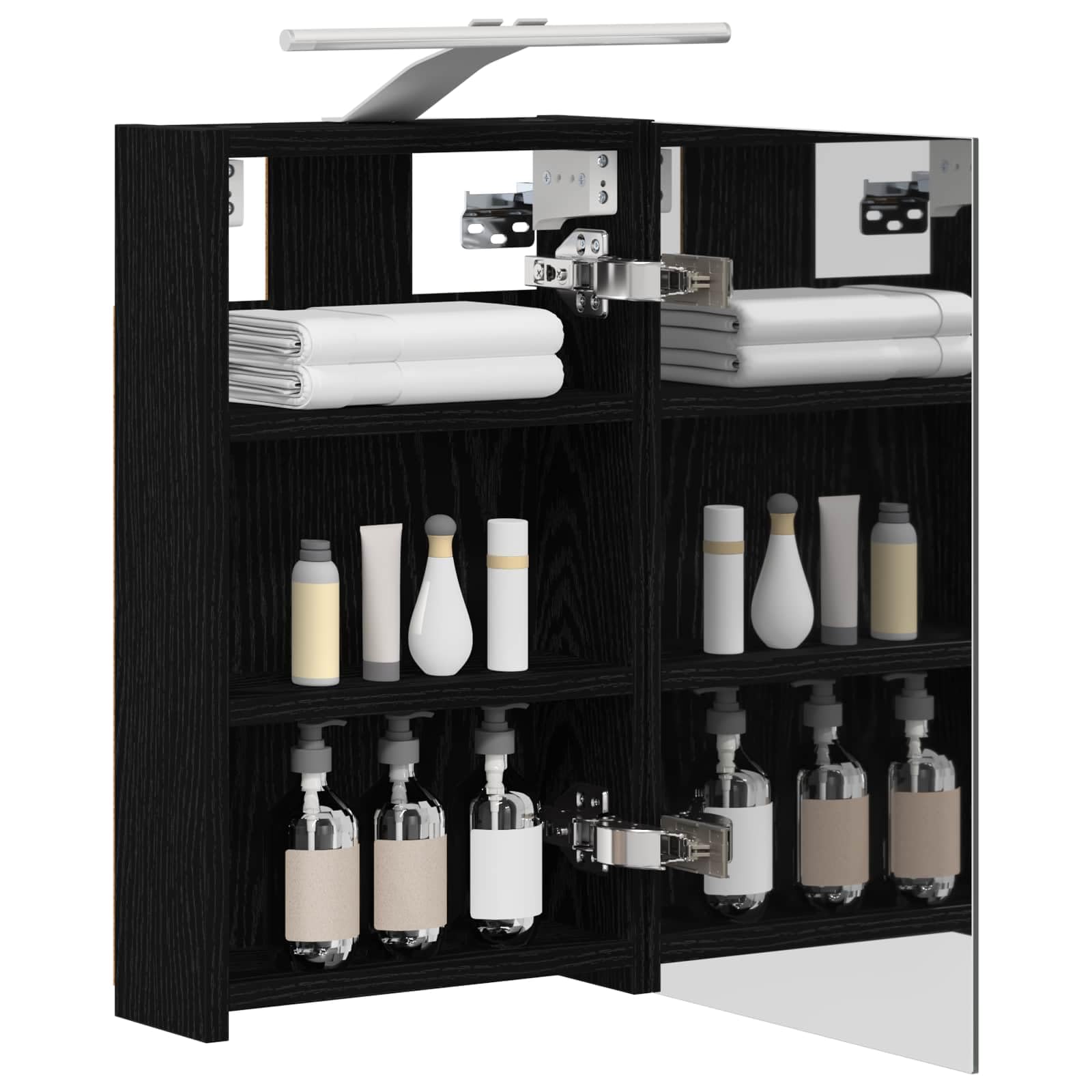 Szafka łazienkowa z lustrem w kolorze czarnym o wyglądzie dębu, 30 x 10,5 x 50 cm, materiał drewnopochodny z dwukierunkowym lustrem, montaż na ścianie, paski LED, schowek, regał, drzwi