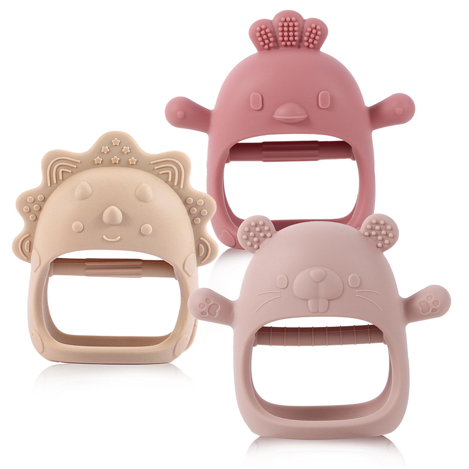 Silicone Teething Toy for 3+ Months Infants, Baby Chew Toys for Sucking, Easy-to-Grasp Shapes with Soft Texture for Sensory Exploration and Itching Relief During Teething (Dark Pink*Rose Pink*Beige)