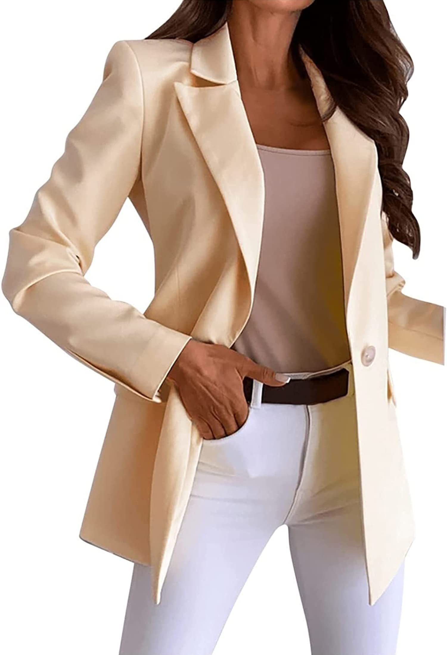 NLAVW Blazer Lungo da Donna Giacca Elegante da Lavoro Aperta sul Davanti Giacca Sportiva Elasticizzata con Tasche