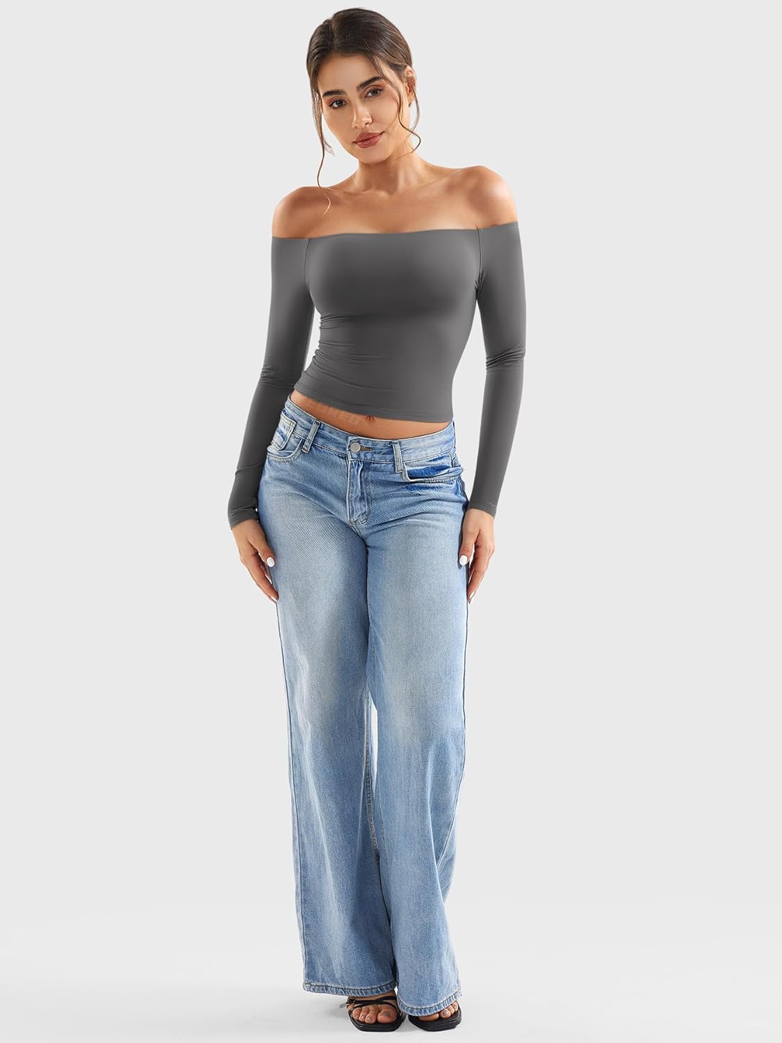 YEOREO Sophie Women Off Shoulder Long Sleeve Shirts Double Lined Basic Undershirt Y2K Going Out Tops - Image 5