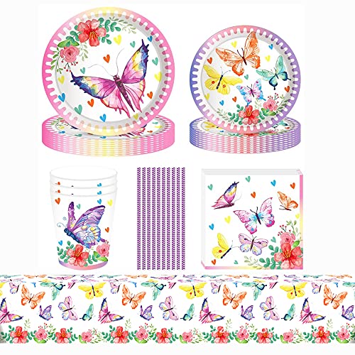 Schmetterlings Geburtstagsparty Geschirrset, ZOOMPIL Butterfly Partygeschirr Set, Pappgeschirr Tasse, Schmetterling Party Geschirr Party Teller, Taschentücher, Kindergeburtstag Dekoration Cover