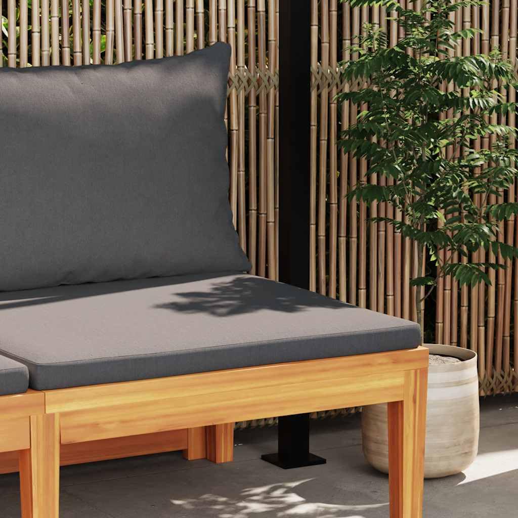 Gartenbank mit integriertem Tisch, dunkelgrauen Kissen, aus massivem Akazienholz für den Außenbereich, langlebige Terrassenmöbel