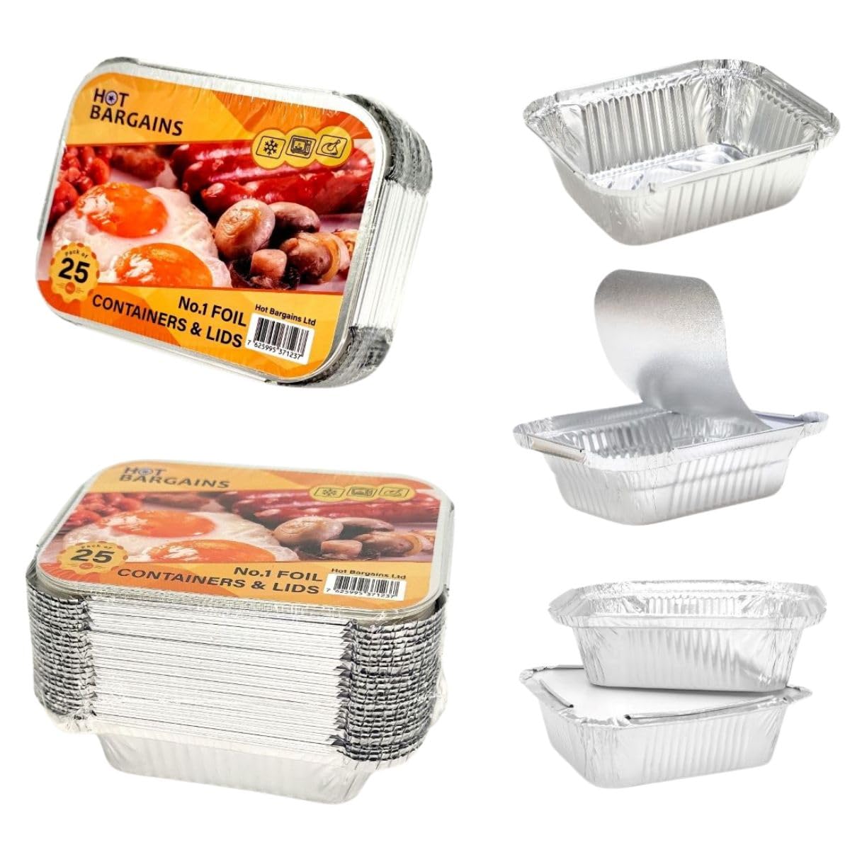 Hot Bargains Silver Aluminium Foil Containers No.1 With Lids 100 Pack, Single Compartment Food Storage, 120 X 100 X 40 Mm