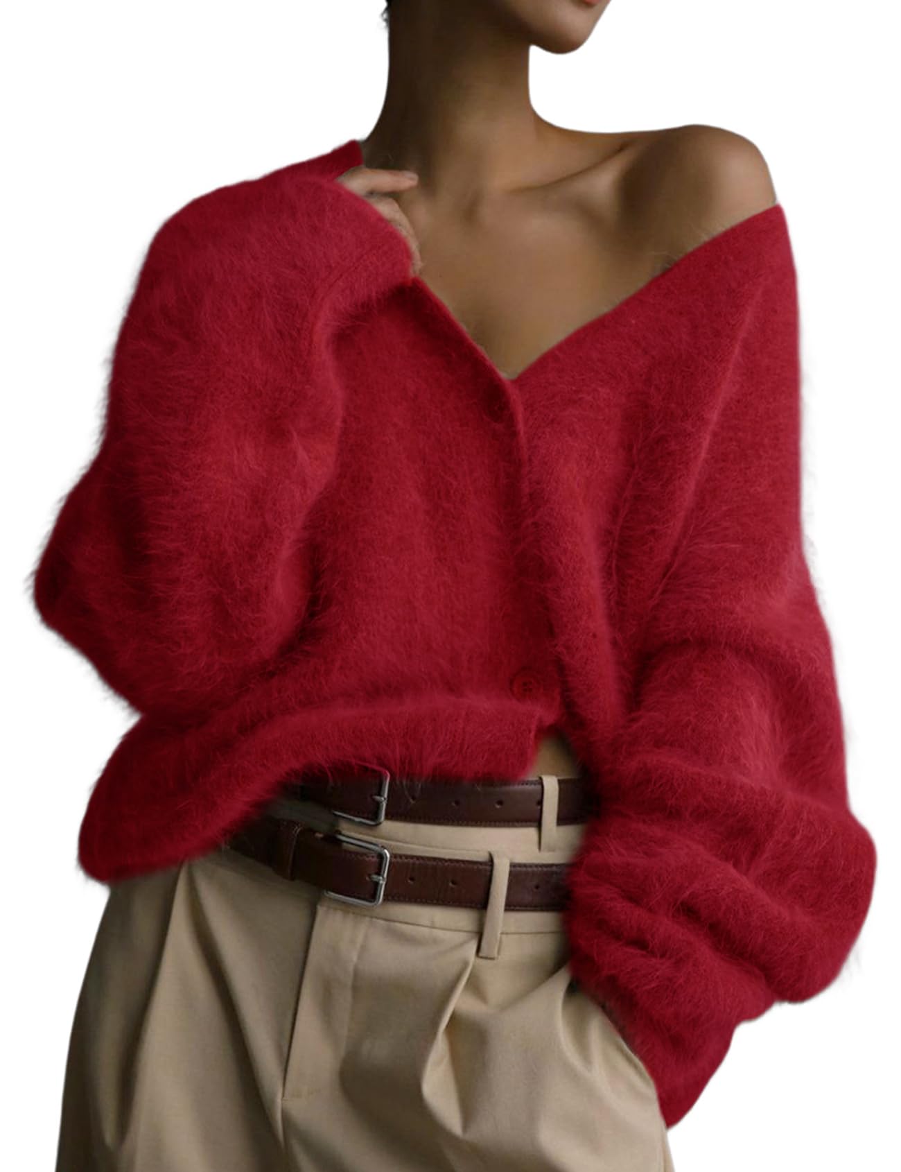 Arssm Womens Fuzzy Cardigan Sweater Long Sleeve Cardigans Button Down V Neck Fluffy Knit Top Fashion 2025 Knitwear