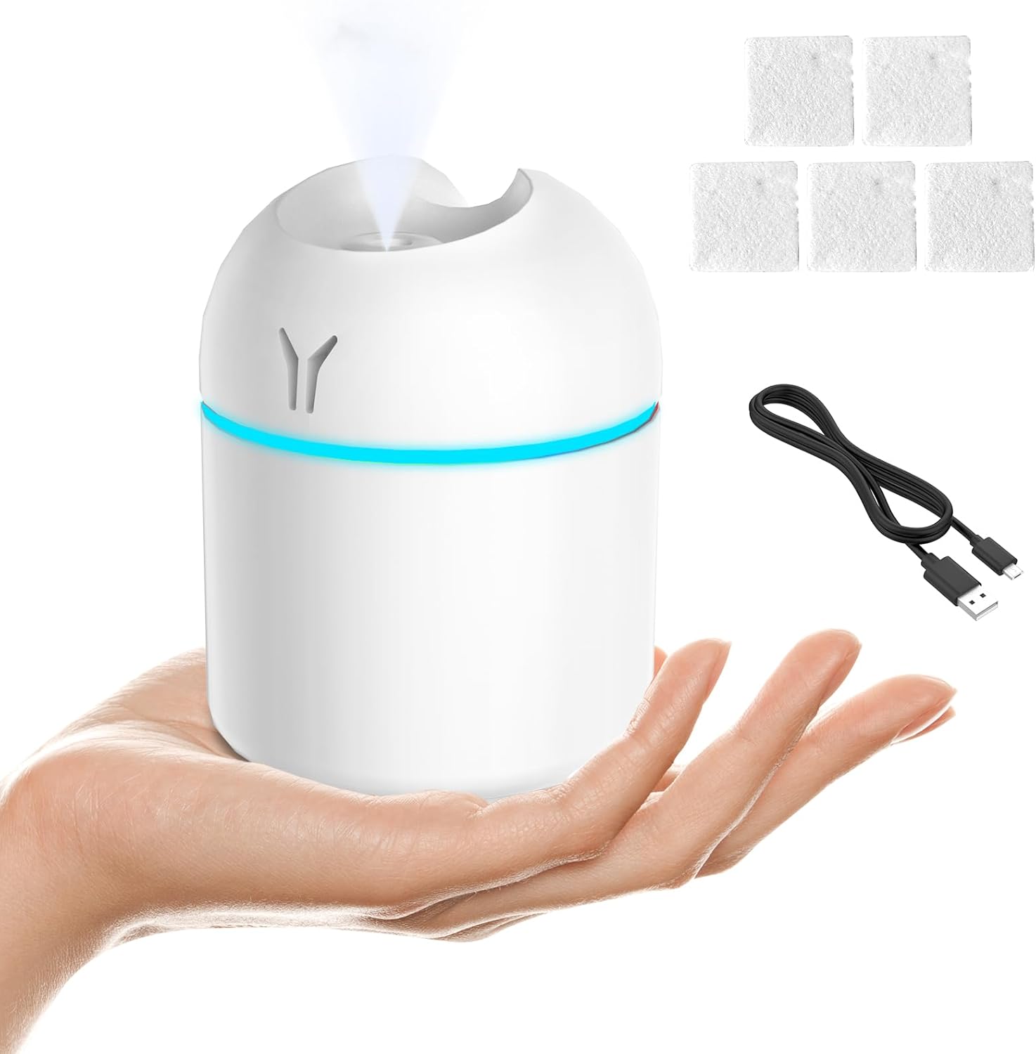 Portable Mini Humidifier, 250ML 3-in-1 Cool Mist With Aroma Pads, Colorful Night Light, USB for Car and Travel (White)