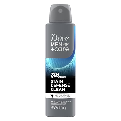 Dove Men+Care Antiperspirant Deodorant Dry Spray Stain Defense Clean For Men Anti-White Marks & Yellow Stains, 72-hour Sweat and Odor Protection with Triple Defense Technology 3.8 oz