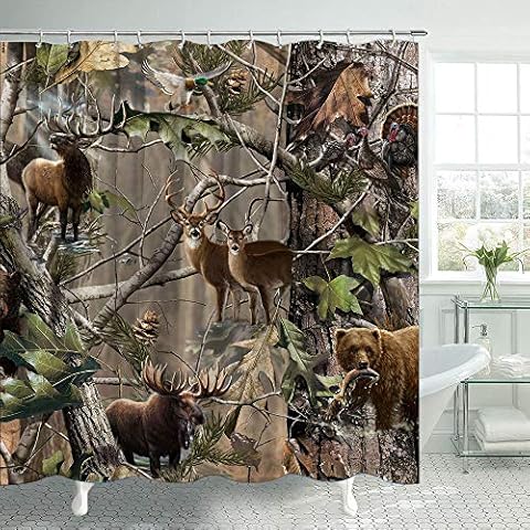 Lierpit Camo Shower Curtain Bird Bear Deer Elk Foggy Forest Autumn Scene Farmhouse Bath Curtain Country Theme Shower Curtain Polyester Fabric Bathroom Curtain Accessories with Hooks 69x70inches Cover