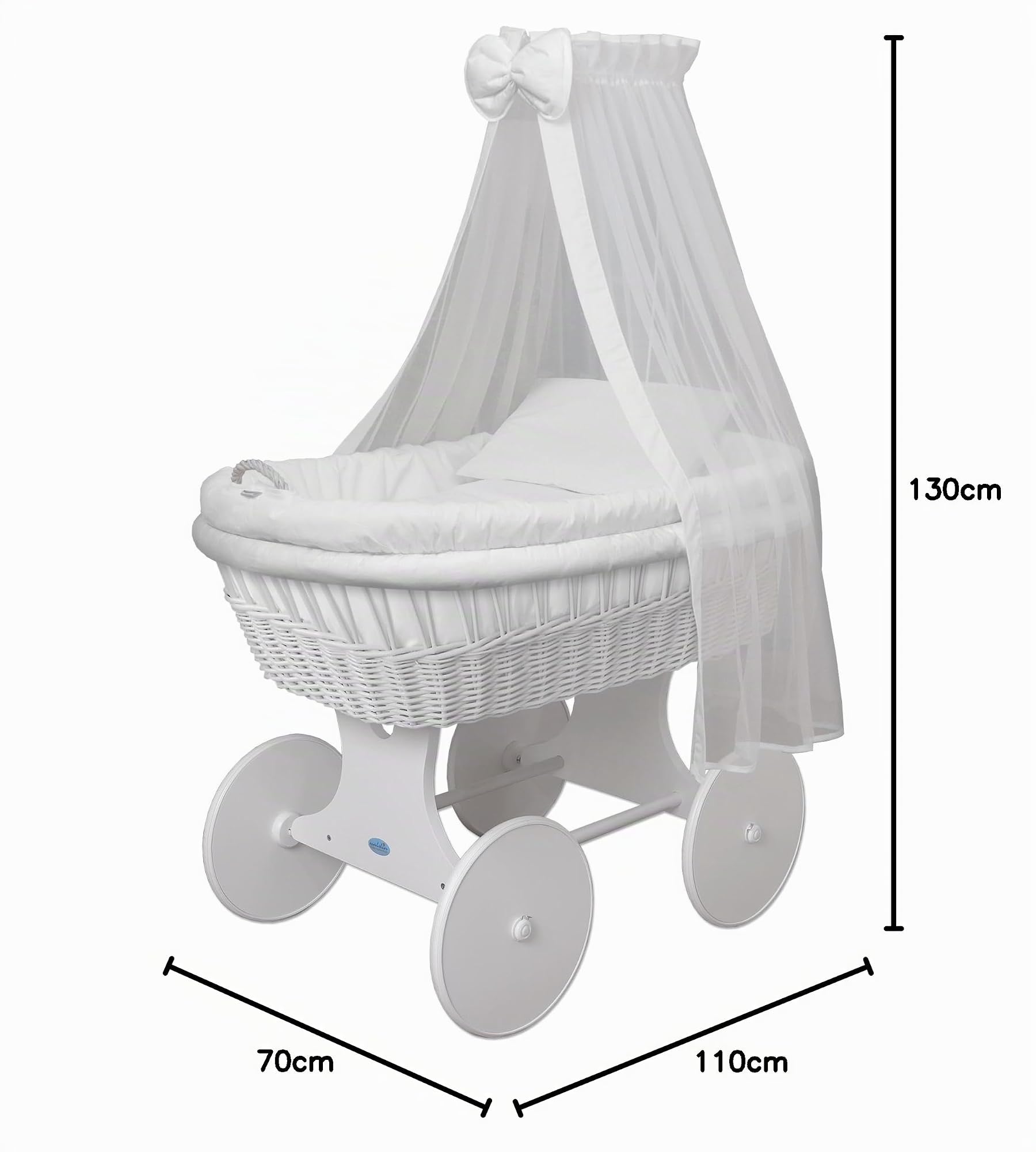 waldin Berceau Landau XXL Bébé Complet en Osier Certifié en 1130 | Grand Landau Bébé XXL Panier en Osier Fait Main Ciel de Lit Matelas Parure Cadre Bois Peint Roues Silencieuses