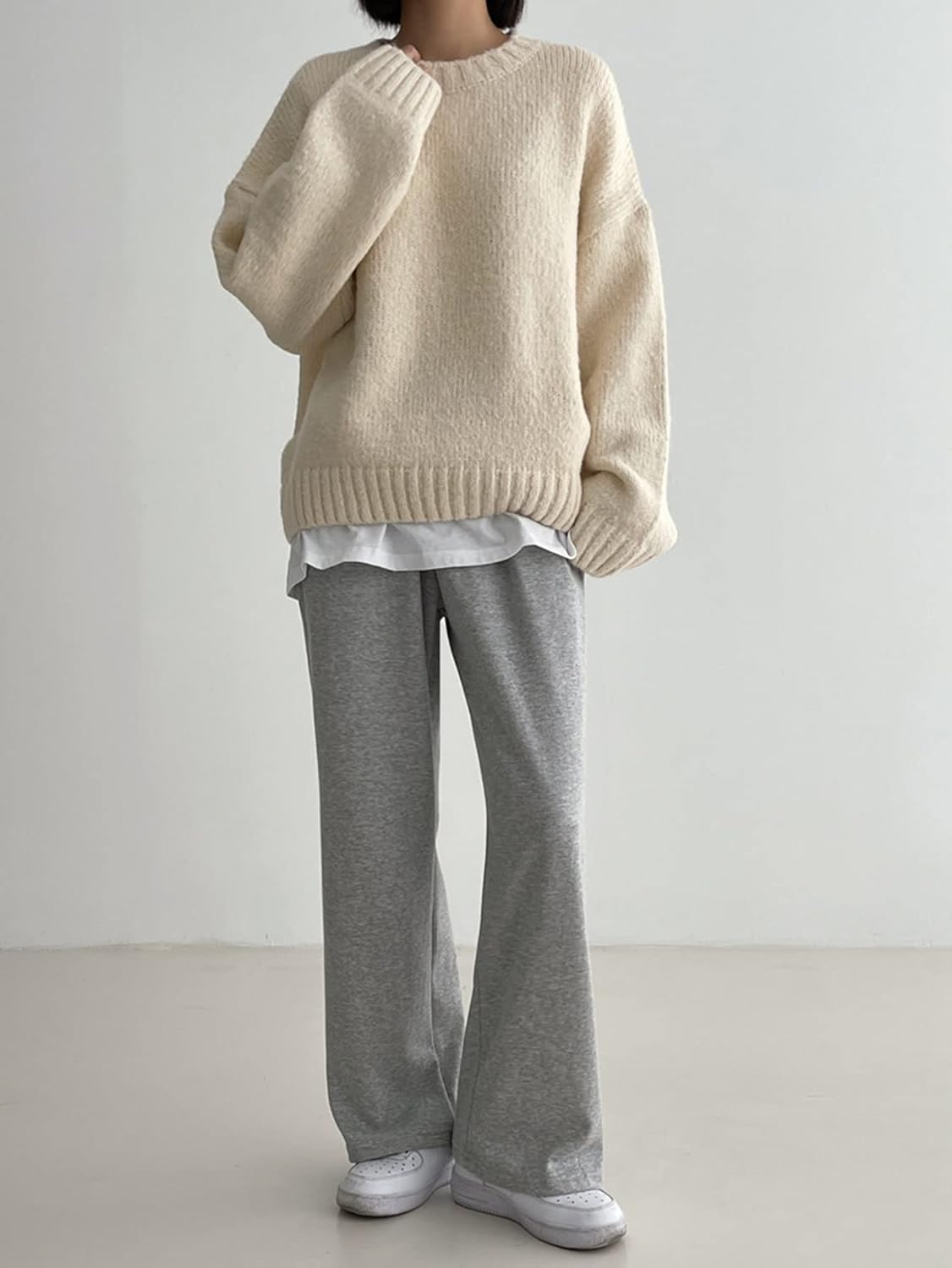 Women's Sweater 1pc Solid Drop Shoulder Sweater Sweater for Women (Color : Apricot, Size : Medium)