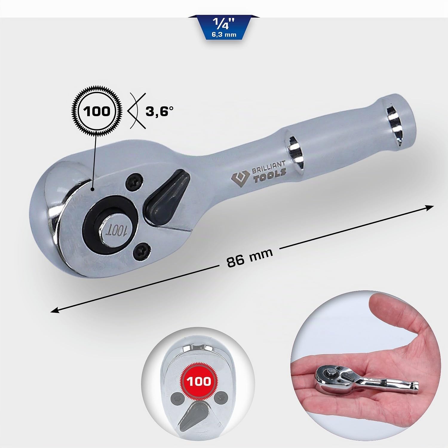 BRILLIANT TOOLS BT020999 Carraca reversible mini de 1/4" con mango metálico, 100 dientes [Powered by KS TOOLS]