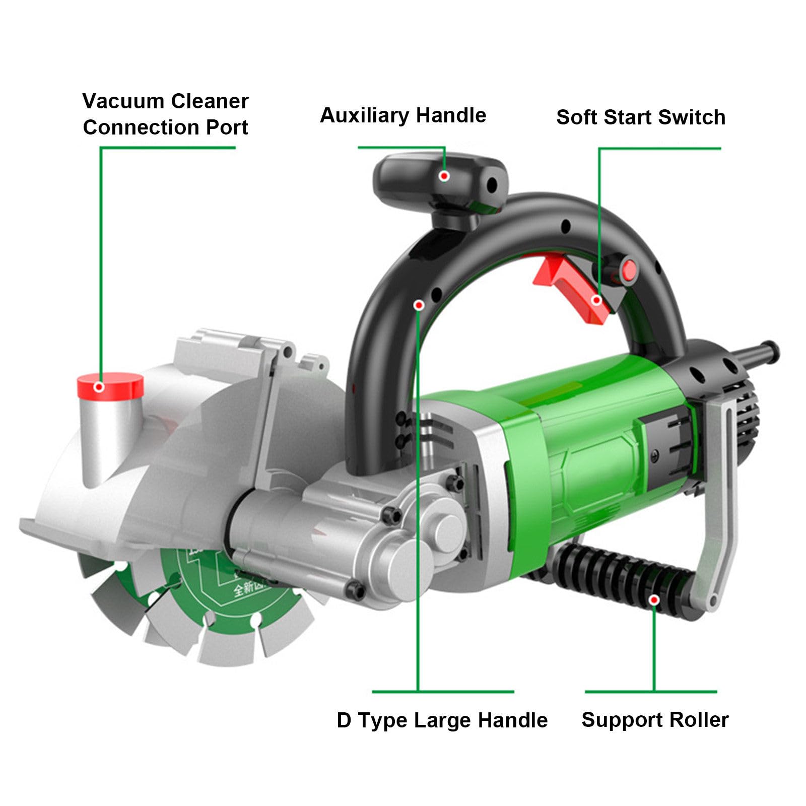 Máquina ranuradora eléctrica, Doble Hoja de Sierra, ángulo Recto sin Polvo, Accesorio para línea de Agua con Rodillo guía para Corte preciso.