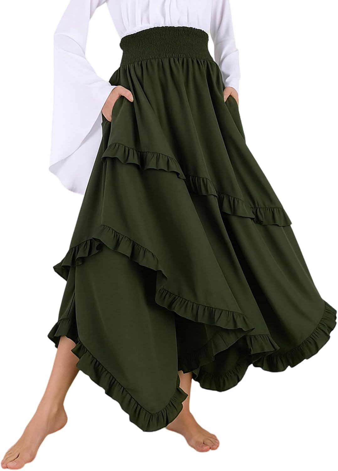 Maxi Skirt for Women High Waist Renaissance Long Skirts Medieval Casual Elastic with Side Pockets - Image 2