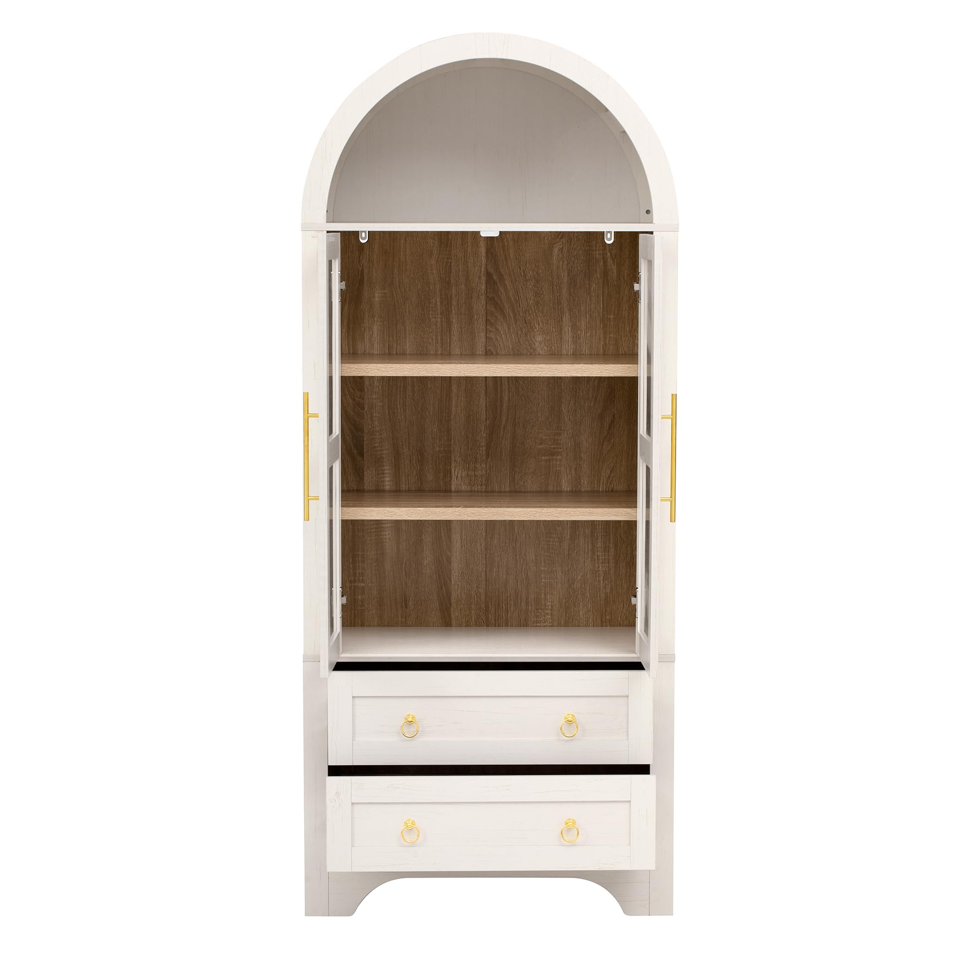 Armadietto da cucina con ante in vetro e cassetti, design ad arco, per soggiorno e sala da pranzo, 76,2 x 40,1 x 180 cm, bianco