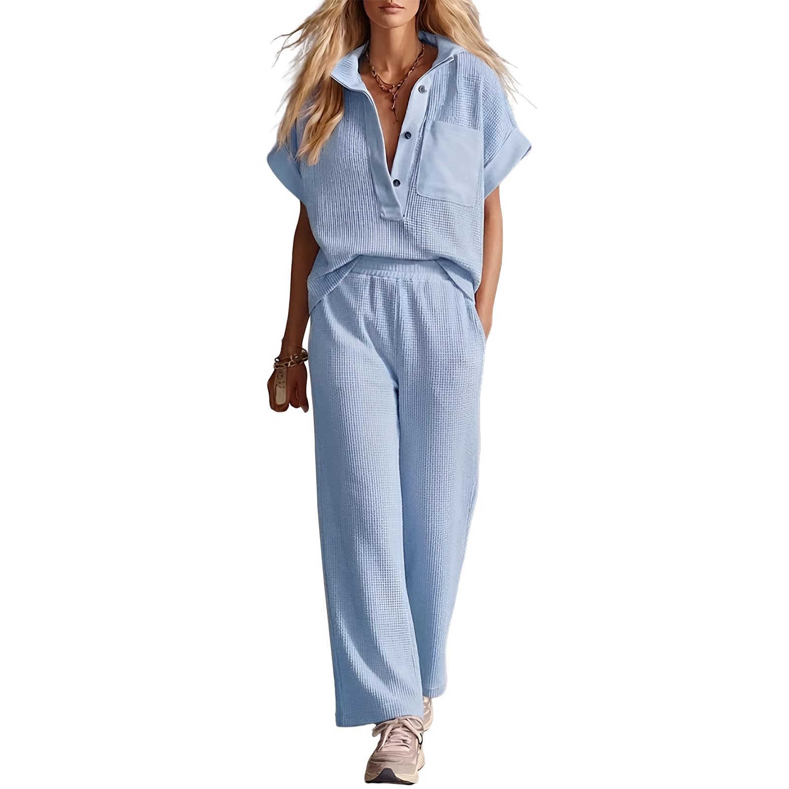 amropi Donna Estivo Tuta in Waffle Maniche Corte Scollo a V Camicia con Bottoni e Pantaloni da Jogging 2 Pezzi Sportivo Completo