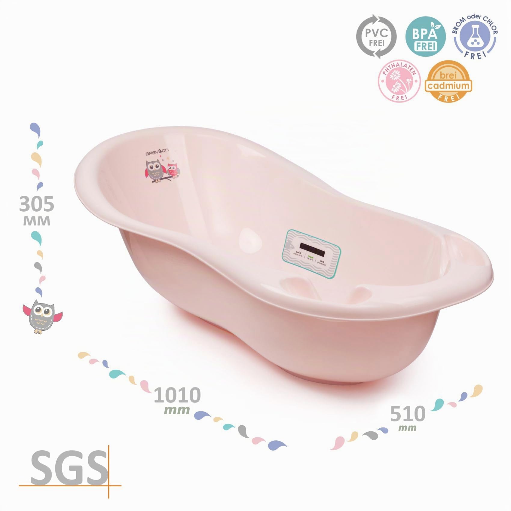 BABYLON Shuttle Bañeras para Bebes+Termómetro+Tapón, grande, 0-18M, Rosa