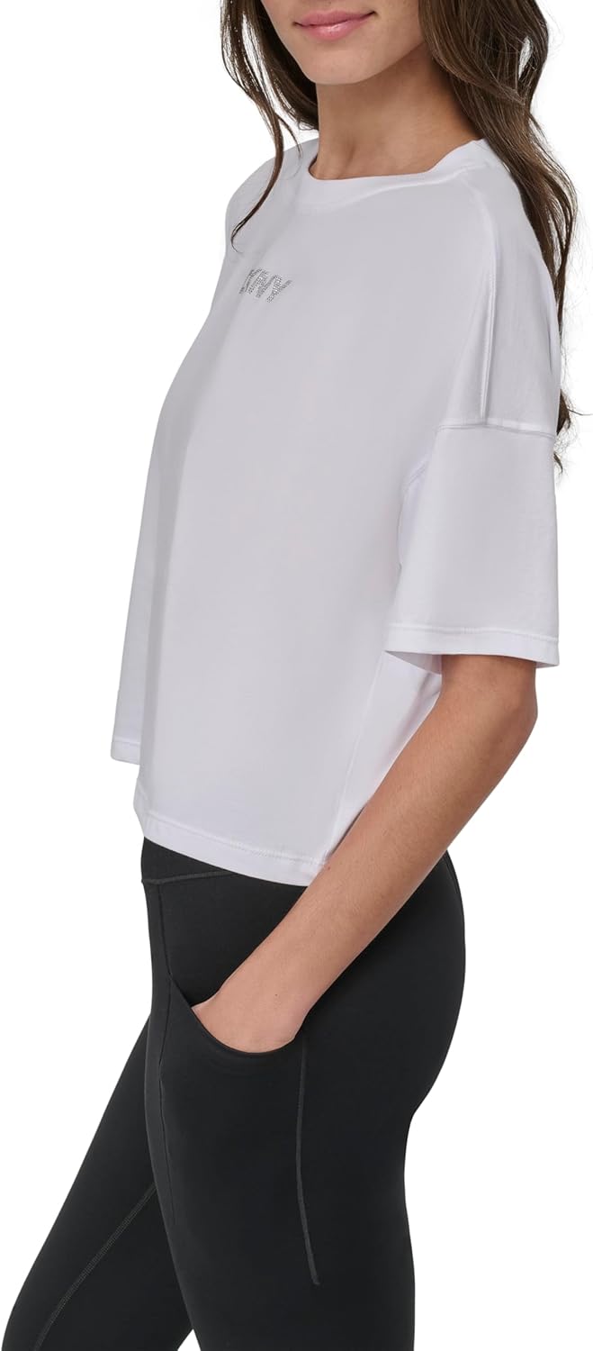 DKNY womens Short Sleeve Rhinestone Logo Relaxed Cropped Tee - Image 3