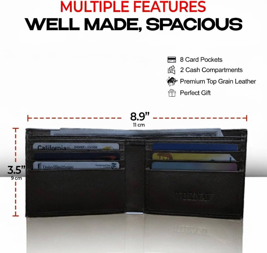 Premium and Top Grain Leather Wallet for Men, RFID Blocking, Extra Capacity Bifold Wallet with 2 ID Windows, Durable and Ultra Strong Stitching, Billfold with 8 Card Slots, Gift Box Included for Him - Image 3