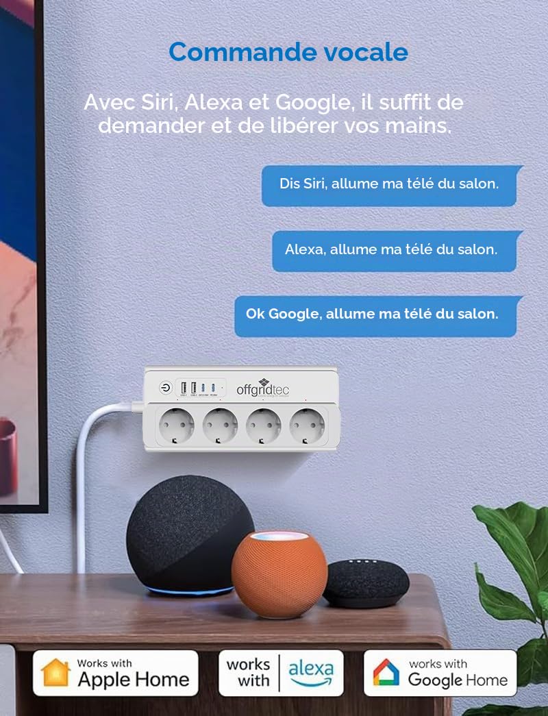 Offgridtec Multiprise WiFi Intelligente, 4 Prises, 16 A/3680 W (2 pièces) | 2 USB-A + 2 USB-C, contrôle via Smart Life/Tuya, suivi d'énergie en temps réel, compatible Alexa/Google Home, câble 1,5 m