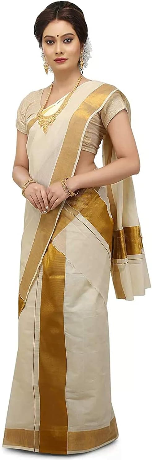 Aashita Creations Women's Kasavu Cotton Set Mundu Saree Without Blouse Piece (Off White) _1049