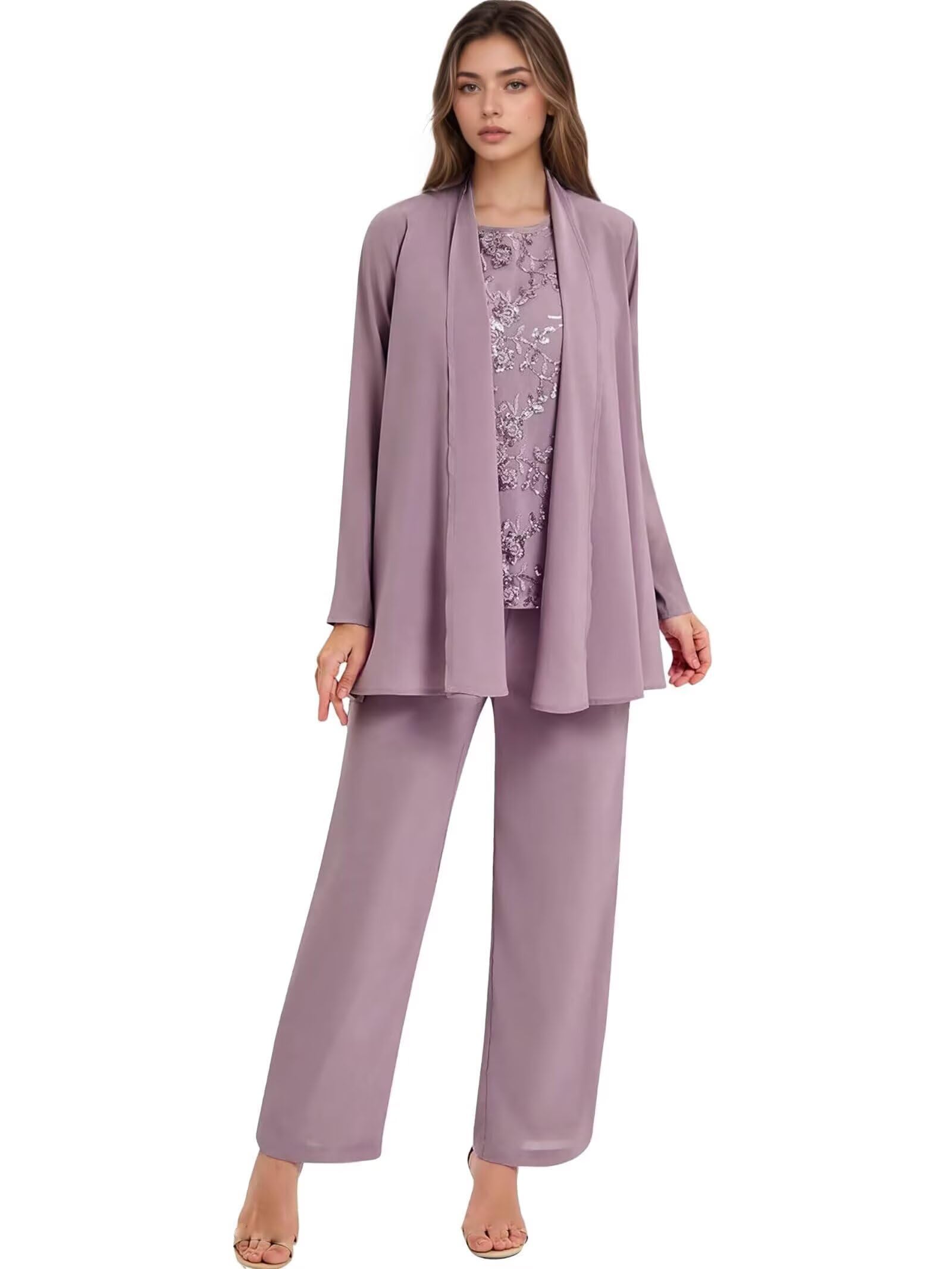 3 Pieces Mother of The Bride Pant Suits for Wedding - Chiffon Lace Sequin Dressy Women Formal Evening