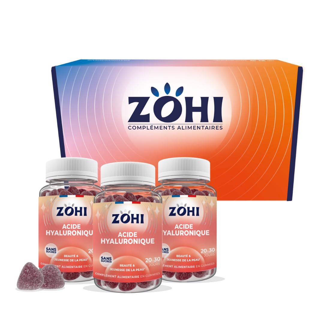 ZOHI - Coffret Compléments Alimentaires - Acide Hyaluronique - Cure de 3 Mois - 3 x 60 Gommes de Fruits Goût Framboise Pêche - 180 Gummies - Fabriqué en France