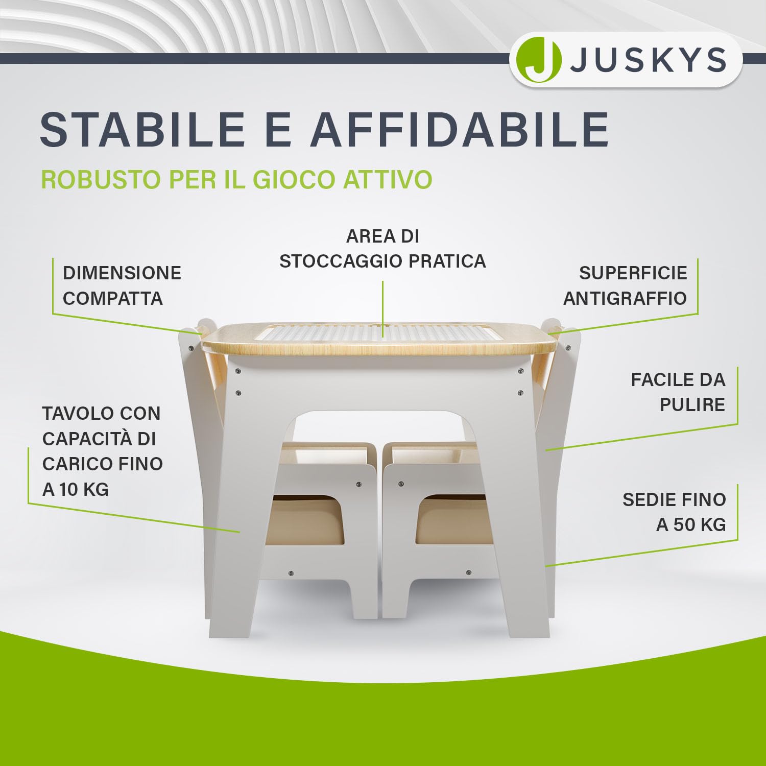 Juskys Set da tavolo per bambini Milou - 2 sedie & 1 tavolo in legno con spazio contenitore - set gioco e disegno per bambini - naturale