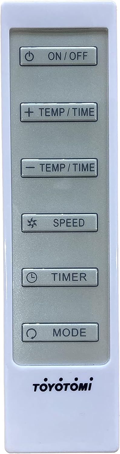 The remote control for the Toyotomi TAD-T33 Portable Air Conditioner, showing its buttons.