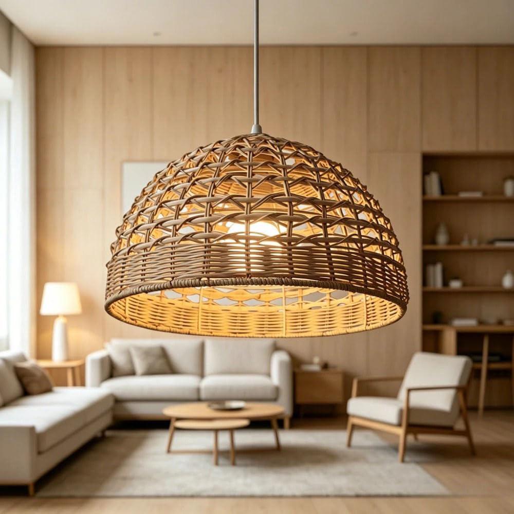 11,02" Wiszące Lampy Z Rattanu, Wiklinowe Lampy Wiszące, Żyrandol W Stylu Boho, Regulowany, Rustykalny Wiszący Kosz Z Rattanu, Pleciona Lampa Wisząca Do Wyspy Kuchennej I Jadalni