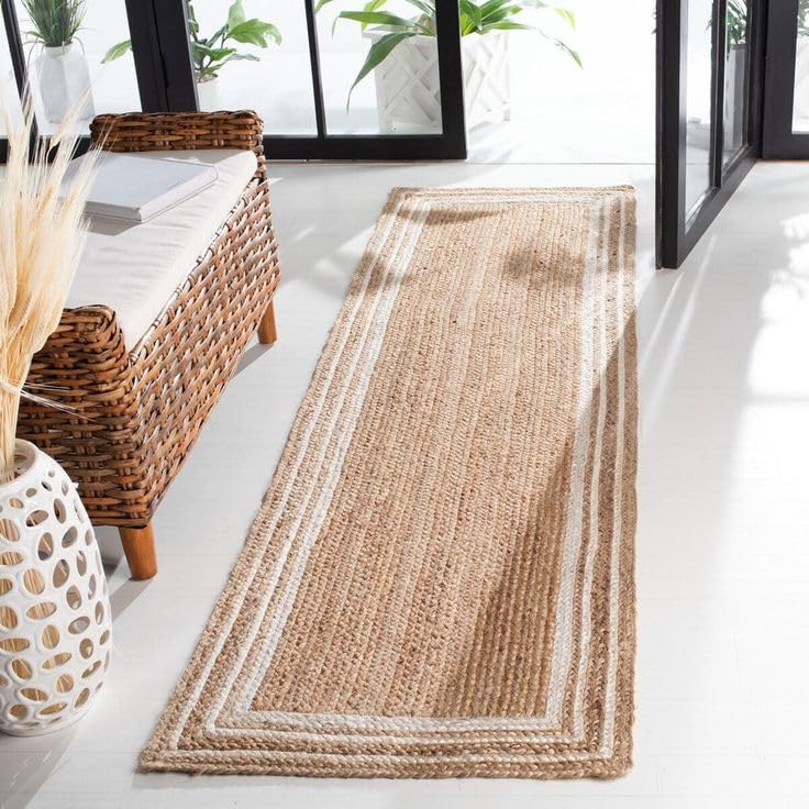 Image of Handmade Natural Jute Runner Rug for Hallway Living Room Kitchen Bedroom Floor Carpet (Beige + White Cotton, 2x4 Feet)