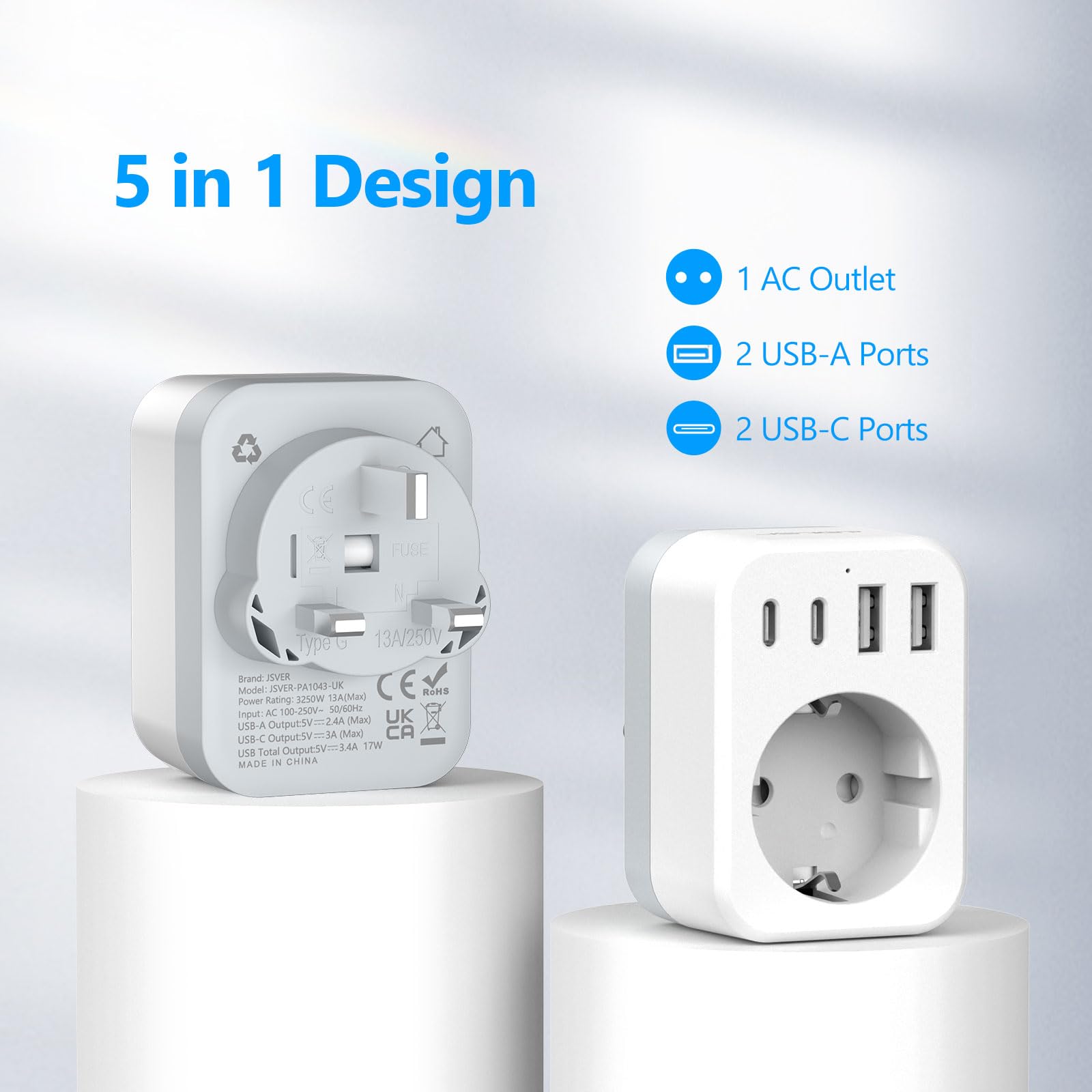 JSVER Adaptateur Prise Anglaise,Adaptateur Voyage France/Europe vers UK,Connecteur Prise avec 2 USB A et 2 Type C,Type G pour l'Angleterre,l'Irlande,Dubaï,Les Maldives et Hong Kong (Blanc)