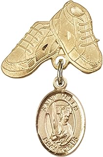 14kt Yellow Gold Baby Badge with St. Helen Charm and Baby Boots Pin 1 X 5/8 inches