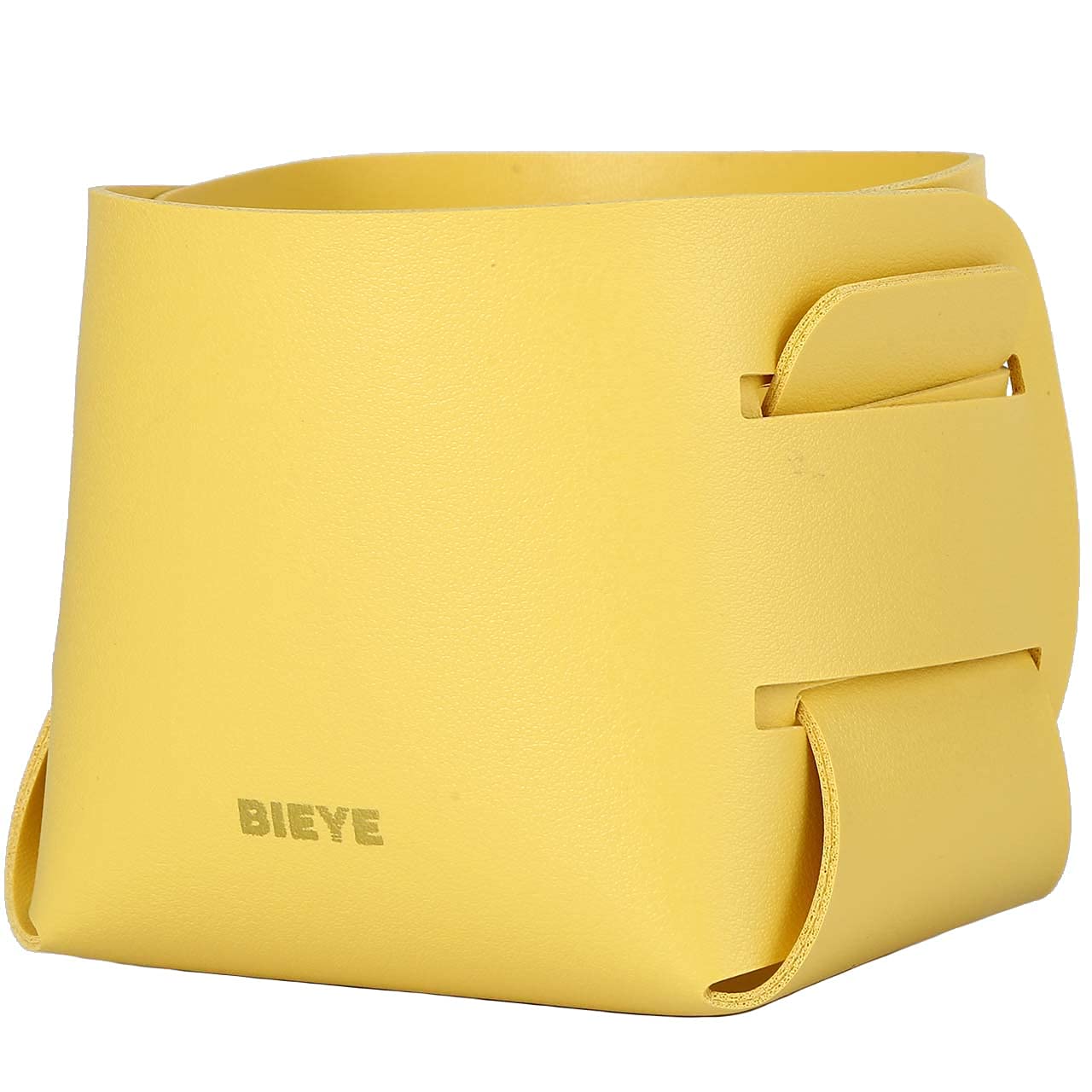 Bieye LSB006 Collapsible Leather Storage Bin Decorative Desk Organizer for Jewelry Makeup Pen Pencil Glasses Remote Controller Storage (Yellow, 4" WX4