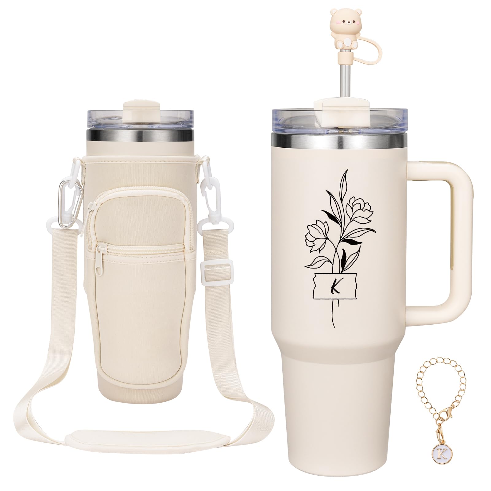 AW BRIDAL 40oz Stainless Steel Tumbler Set with Handle, Tumblers with Lid, Straw, Letter Chain, Protective Sleeve - Personalized Gifts Set, Sister Gifts Women Gifts, Birthday Gifts Letter K