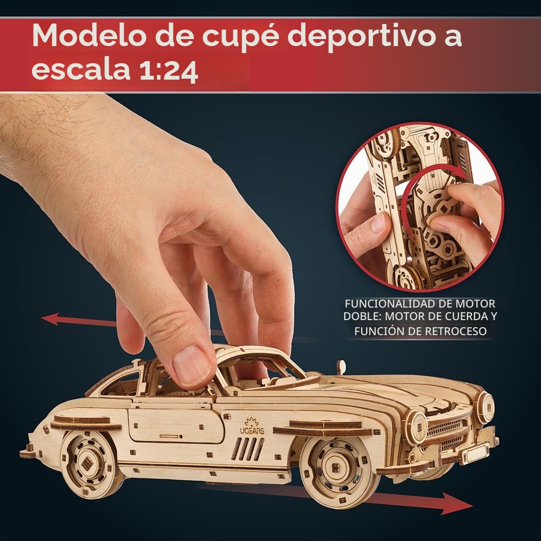 UGEARS - Coupé Deportivo Alado Rompecabezas 3D - Escala 1:24 Rompecabezas de Madera 3D para Adultos - Kit de maqueta de Coche - Kits de maquetas con Puertas de ala de Gaviota funcionales 262 Piezas