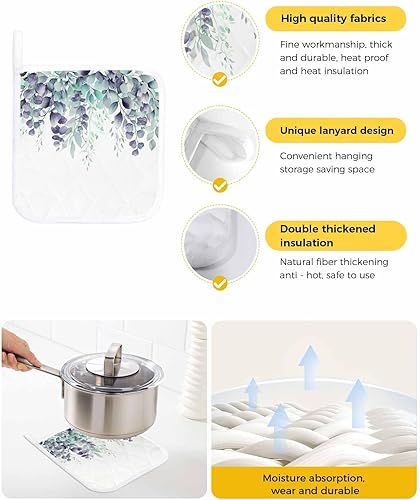 Miniatura 2 de 2 Packs Teal Eucalyptus Pot Holders Sets for Kitchen,Oven Pan Plate Bowl Pads Heat Proof Mat with Hanging Loop,Terry Cloth Potholders Soft Grip for