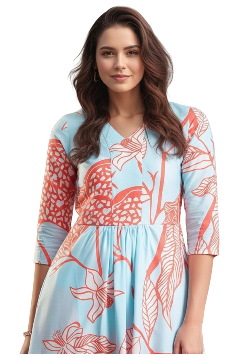 Women's Rayon Viscose Printed Anarkali Kurta with Pant Set | Stylish Sky Blue & Orange Fruit Print Ethnic Suit | Flared Two Piece Kurti Set for Women and Girls-image-18