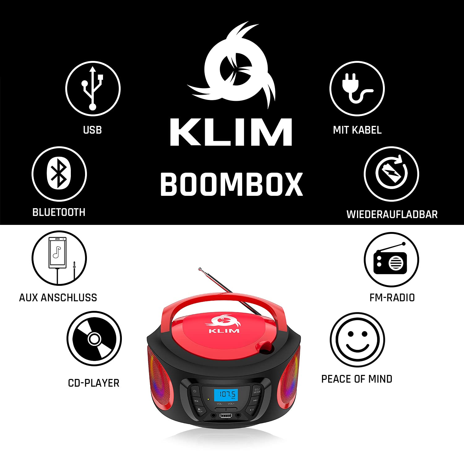 KLIM Boombox Radio mit CD Player - NEU - FM-Radio, CD Player, Bluetooth, MP3, USB, AUX - Inklusive wiederaufladbaren Akkus - Kabelgebundene und kabellose Modi - Kompakt und robust (Rot)