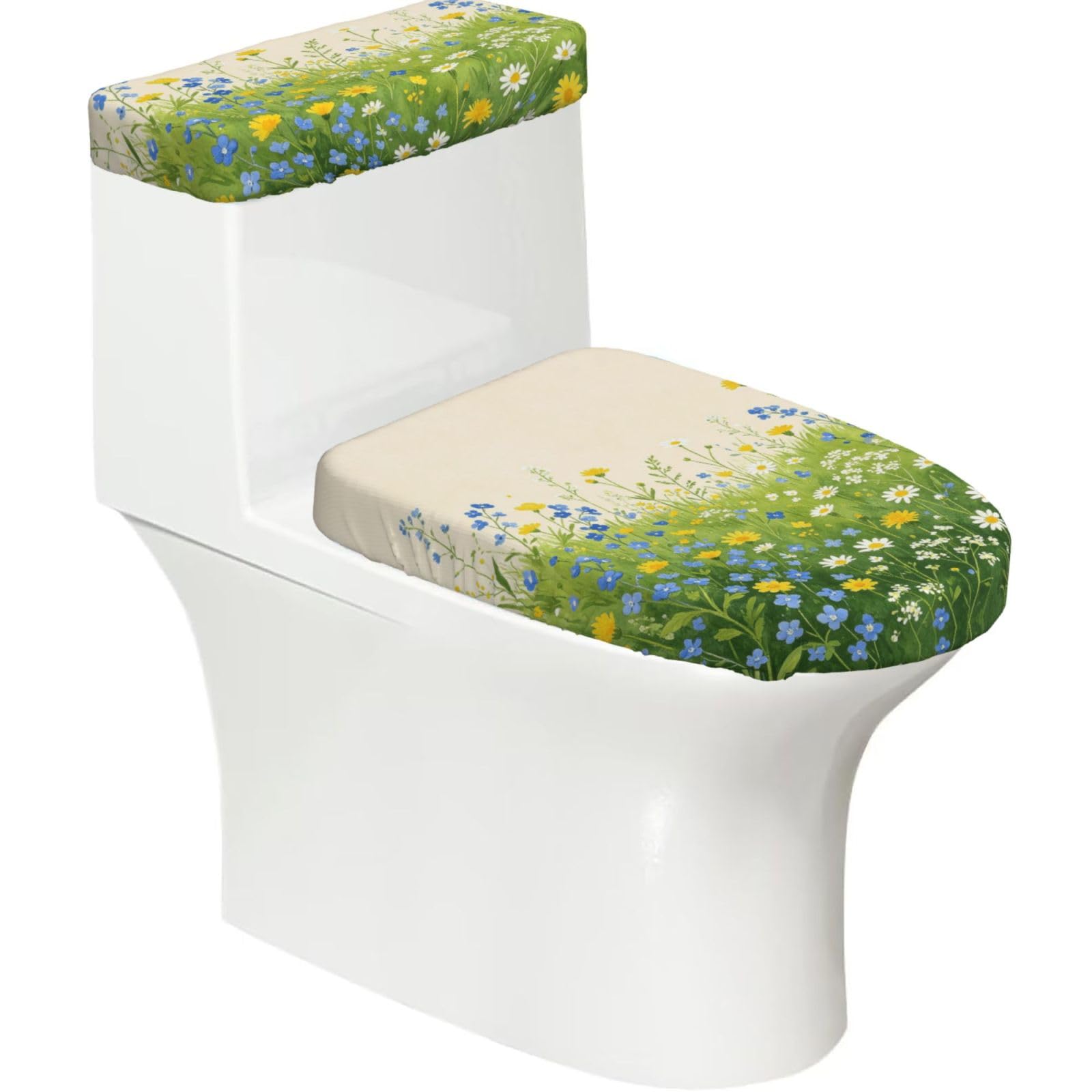 Cntdbu Black Mixed Wild Meadow Elastic Toilet Cover Set Of 2-Stretchy Lid And Tank Covers For Bathroom, Soft Washable U Shape Toilet Decor