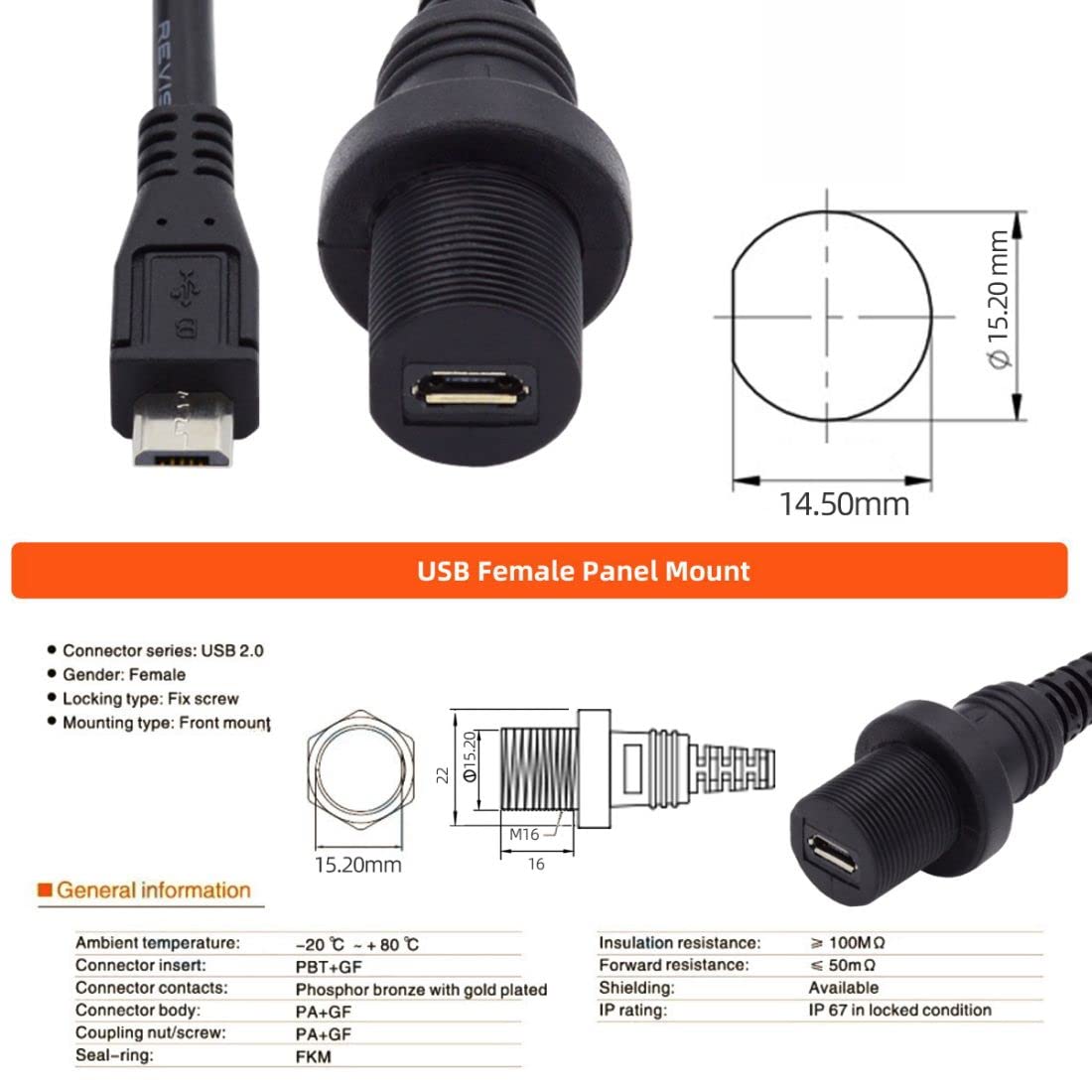 chenyang Cavo di prolunga micro USB a 5 pin da maschio a femmina, per cruscotto dell'auto, impermeabile, antipolvere