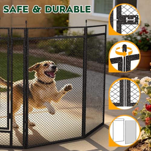 Image of Dog Fence with Safety Mesh, 47 inch Height 8 Panels Metal Pet Playpen Indoor Outdoor, Portable Dog Fence Outdoor for Yard,Camping& RV | Black-Silver