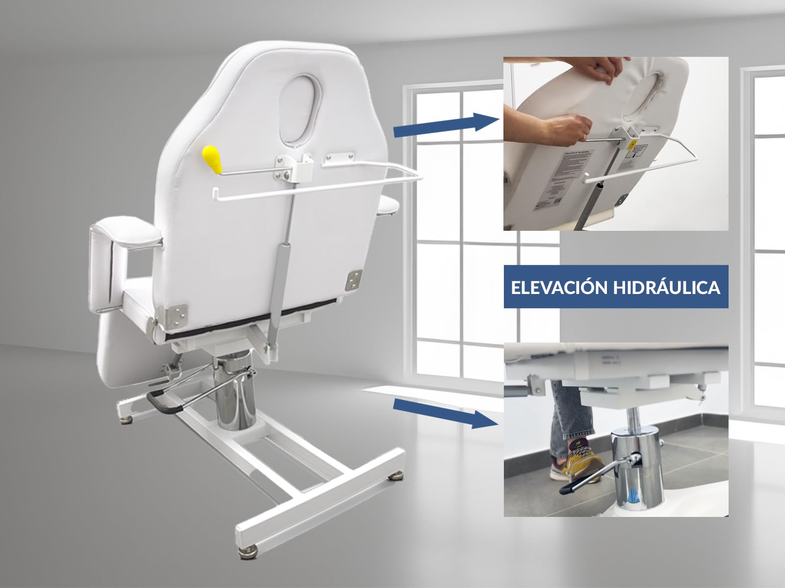 QUIRUMED Sillón hidráulico Pro, 3 cuerpos, Color Blanco, Estructura metálica, Giratorio 360º, Reposapiés Ajustable, Agujero Facial, Reposabrazos extraíbles, hasta 200 kg