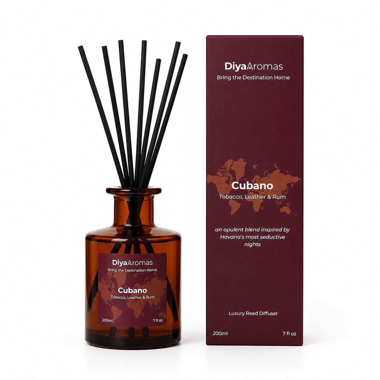Luxury Amber Bottle Reed Diffuser 200ml – Cubano | Premium Tobacco, Leather & Rum Home Fragrance Diffuser | Long Lasting Reed Diffuser for Sophisticated Home Ambience