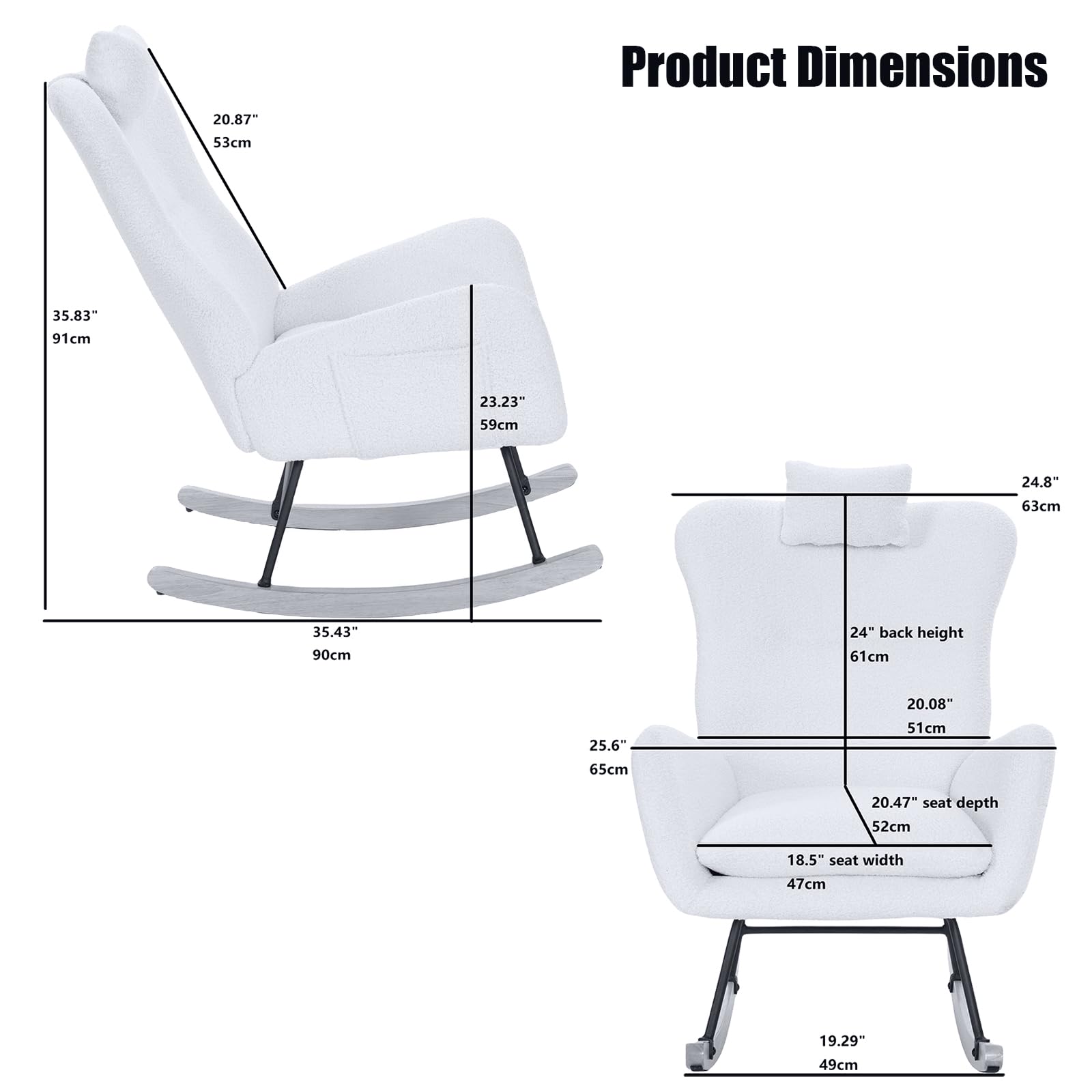 Nursery Rocking Chair for Adults,Teddy Upholstered Ergonomic Glider Rocker Chair with High Backrest Sturdy Steel & Wood Frame Easy Assembly Ideal for Living Room & Small Spaces (Dark Grey)