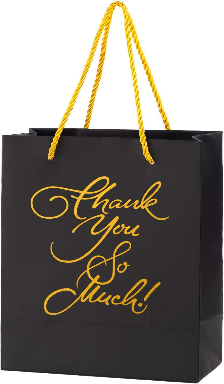 Crisky Black Gold Thank You Gift Bags, Birthday & Wedding Party Bags for Hotel Guests, Baby Shower Party Favor Bags, Candy Buffet Bags, Set of 25