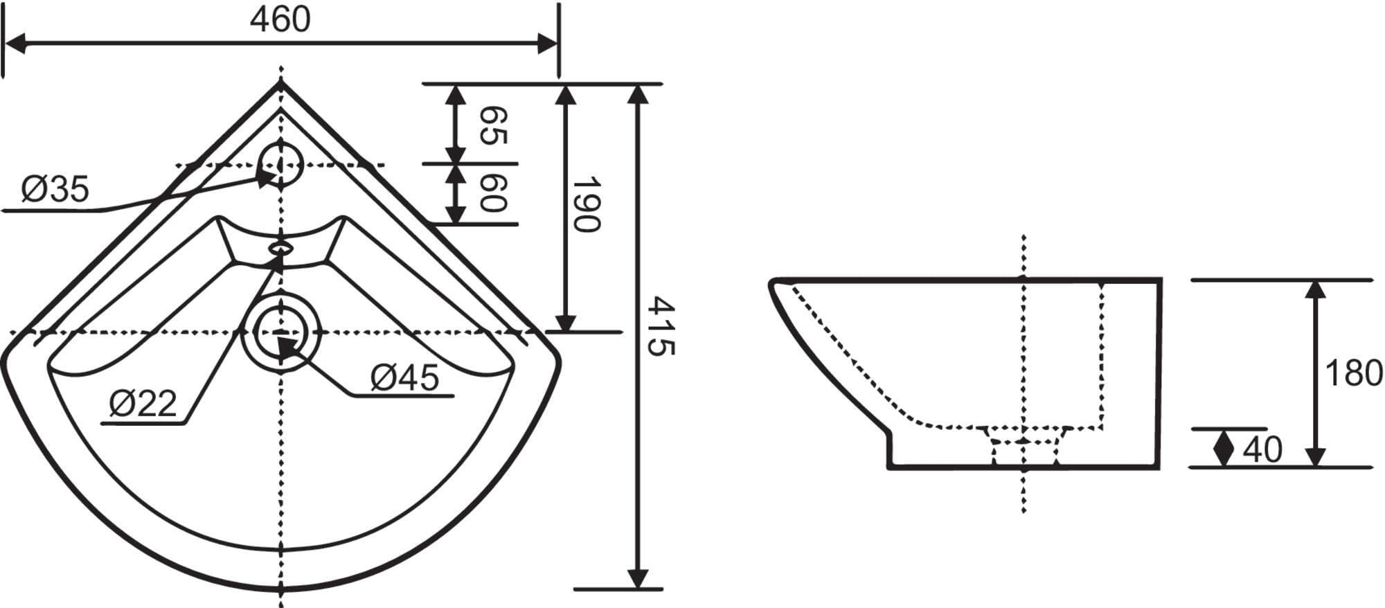 Lave-mains à suspendre PIVOINE Blanc 46cm angle espace vasque | Livré sans bonde, optimisé, trop plein trou robinetterie, vidage, Installation simple et rapide, finition soignée