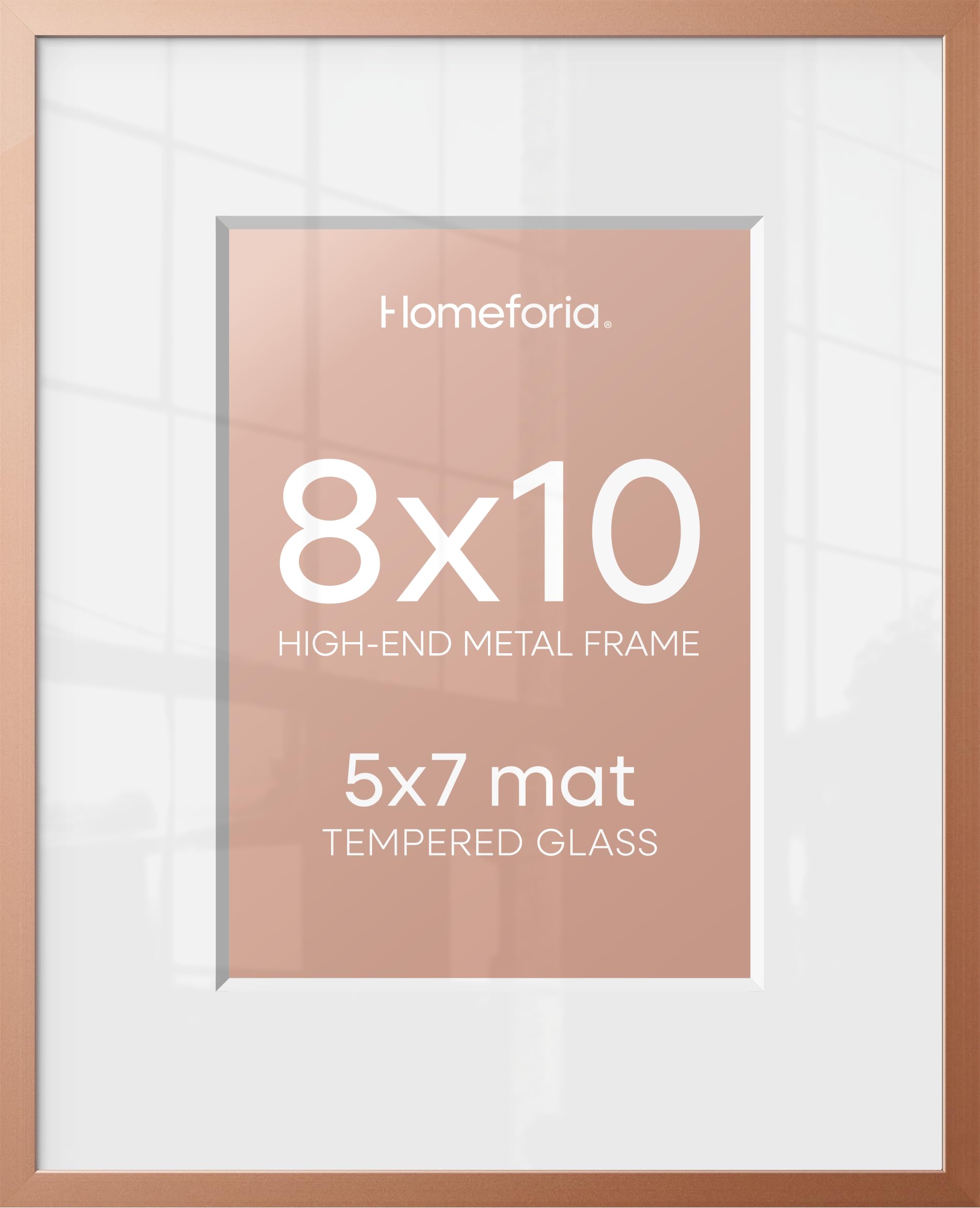 Homeforia 8x10 Rose Picture Frame, High-End Metal, 5x7 Mat, Glass | High End Aluminum, Tempered Glass, Acid-Free 5x7 Removable Mat, 8x10 in Edge-to-Edge Display 10x8, Wall Kit, Set Of 1