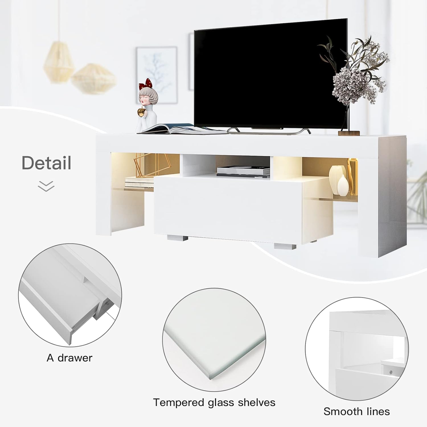 White LED TV Stand Modern Entertainment Center for 65 Inch TV Wood TV Cabinet with Led Lights Television Stands with Storage Drawers for Living Room Bedroom Office